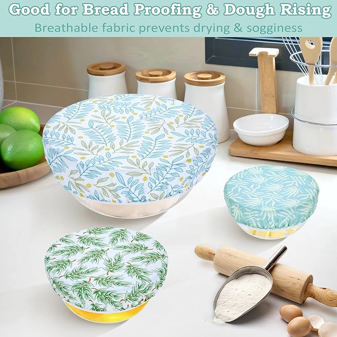 5-Size Reusable Beeswax Bowl Covers for Bread Proofing, Cotton Cloth Flexible Beeswax Wraps for Food Storage(Green Leaves)