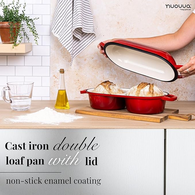 Dutch Oven For Sourdough Bread Baking – Enamelled Cast Iron Bread Loaf Pot – 500°F Oven Safe Non Stick Bread Pot – Double Round Loaf Space, 16.5cm Diameter, Red, – by Nuovva