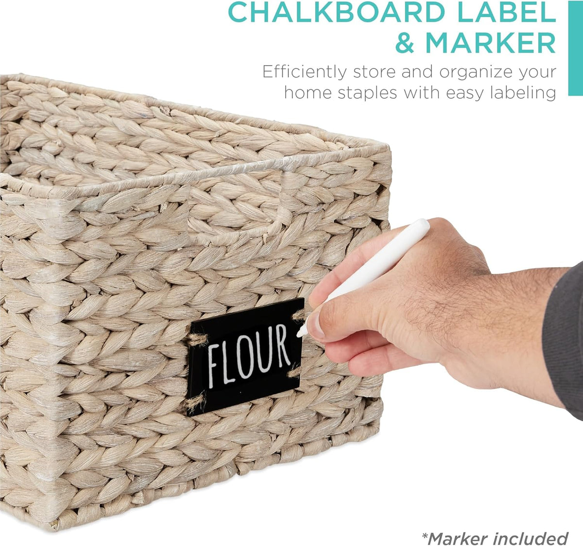 Best Choice Products Pantry Baskets Set of 2 16x12in Water Hyacinth Storage Baskets, Woven Wicker Kitchen Organizers with handles w/Chalkboard Label Chalk Marker - White