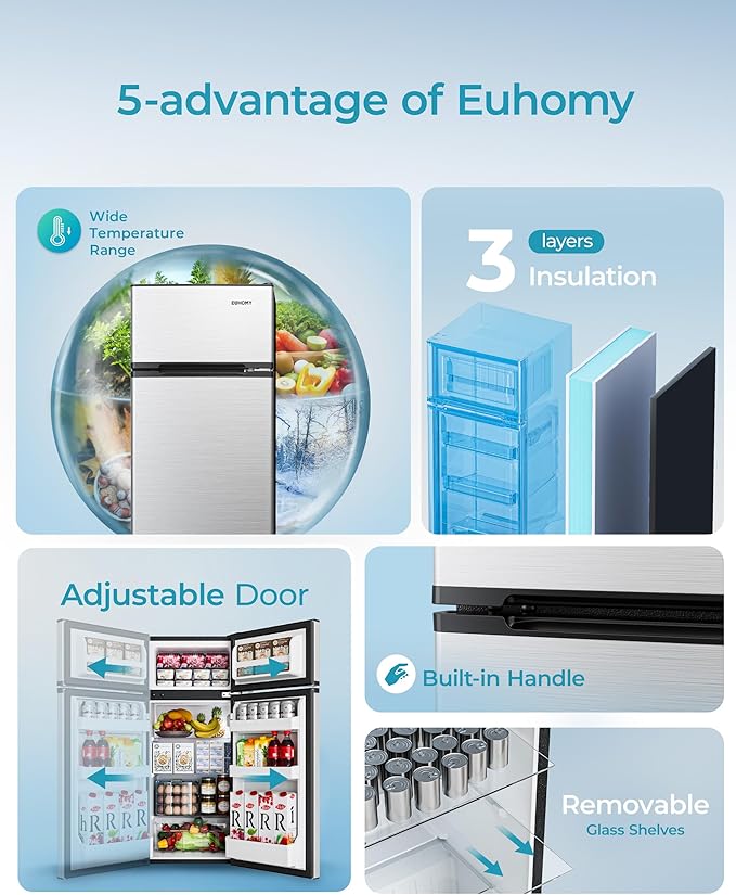 EUHOMY Mini Fridge with Freezer, 4.5 Cu.Ft Mini Refrigerator fridge, 2 door For Bedroom/Dorm/Office/Apartment - Food Storage or Cooling drinks, Silver