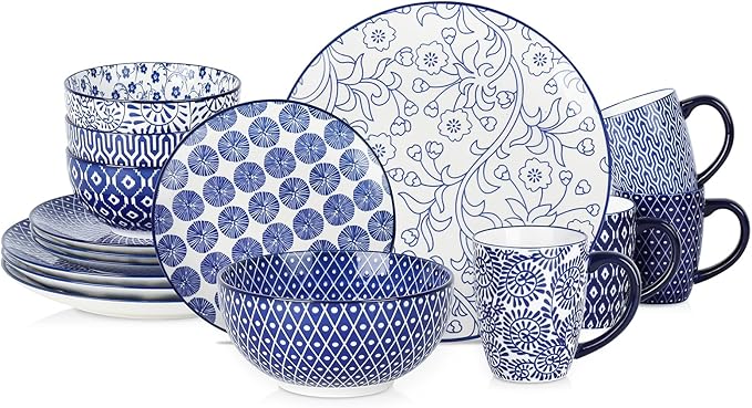 Selamica Ceramic Dinnerware Sets for 4, 16 Pieces Dishes Set, Scratch Resistant Plates and Bowls Sets, Microwave and Dishwasher Safe (Vintage Blue) A