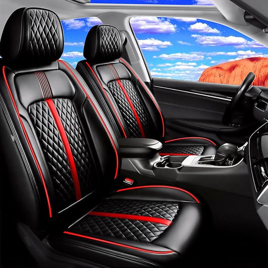 Fit Ridgeline Car Seat Covers for Select Honda Ridgeline 2007-2026 - Premium Full Coverage Leather, Airbag Compatible, Waterproof All Weather Seat Cushion Protector, Full Set, Red Trim