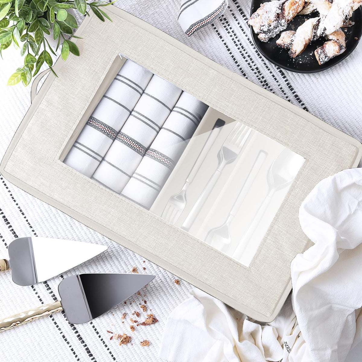 Flatware & Utensil Storage, Durable Silverware Storage Box with Padded Dividers, 5 Compartment Flatware Storage Case, Silverware Case with Handles, Protects and Organizes Cutlery, Cream