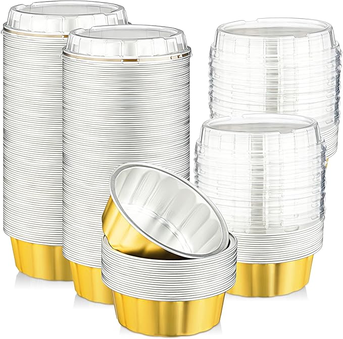 Tessco for you 100 Pcs Disposable Ramekins with Lids 8 oz Creme Brulee Ramekin Aluminum Foil Cup Cupcake Liner Baking Valentines Disposable Muffin Tin Pan Cheesecake Container (Yellow,Silver)