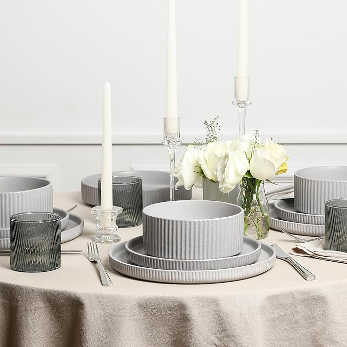 Stone Lain Haven Stoneware 16-Piece Dinnerware Set, Plates and Bowls Sets for 4, Grey Dish Set, Includes Dinner and Salad Plates, Cereal Bowls, Glassware, Microwave & Dishwasher Safe