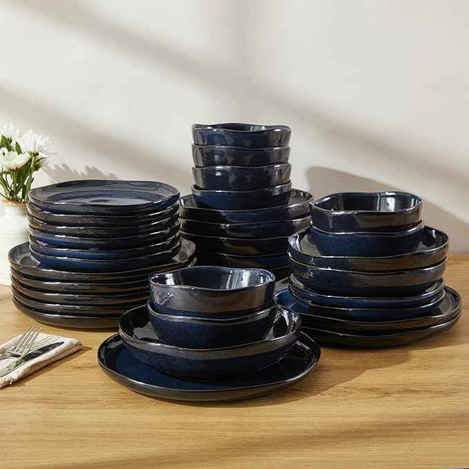 32 Piece Starry Blue Dinnerware Set with Pasta Bowls, Coastal Reactive Glaze Stoneware for 8 | Complete Serving Set for Holiday Meals, Multi‑Dish Hosting & Family Celebrations