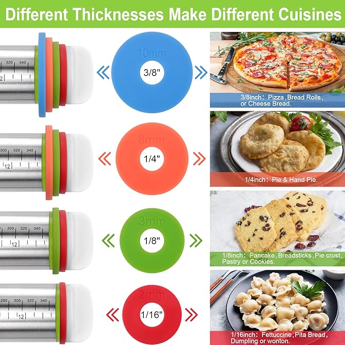 Adjustable Rolling Pin with Thickness Rings for Baking, Stainless Steel Designs Dough Roller Pins for Cookie Decorating Baking Supplies Fondant Cake Baker