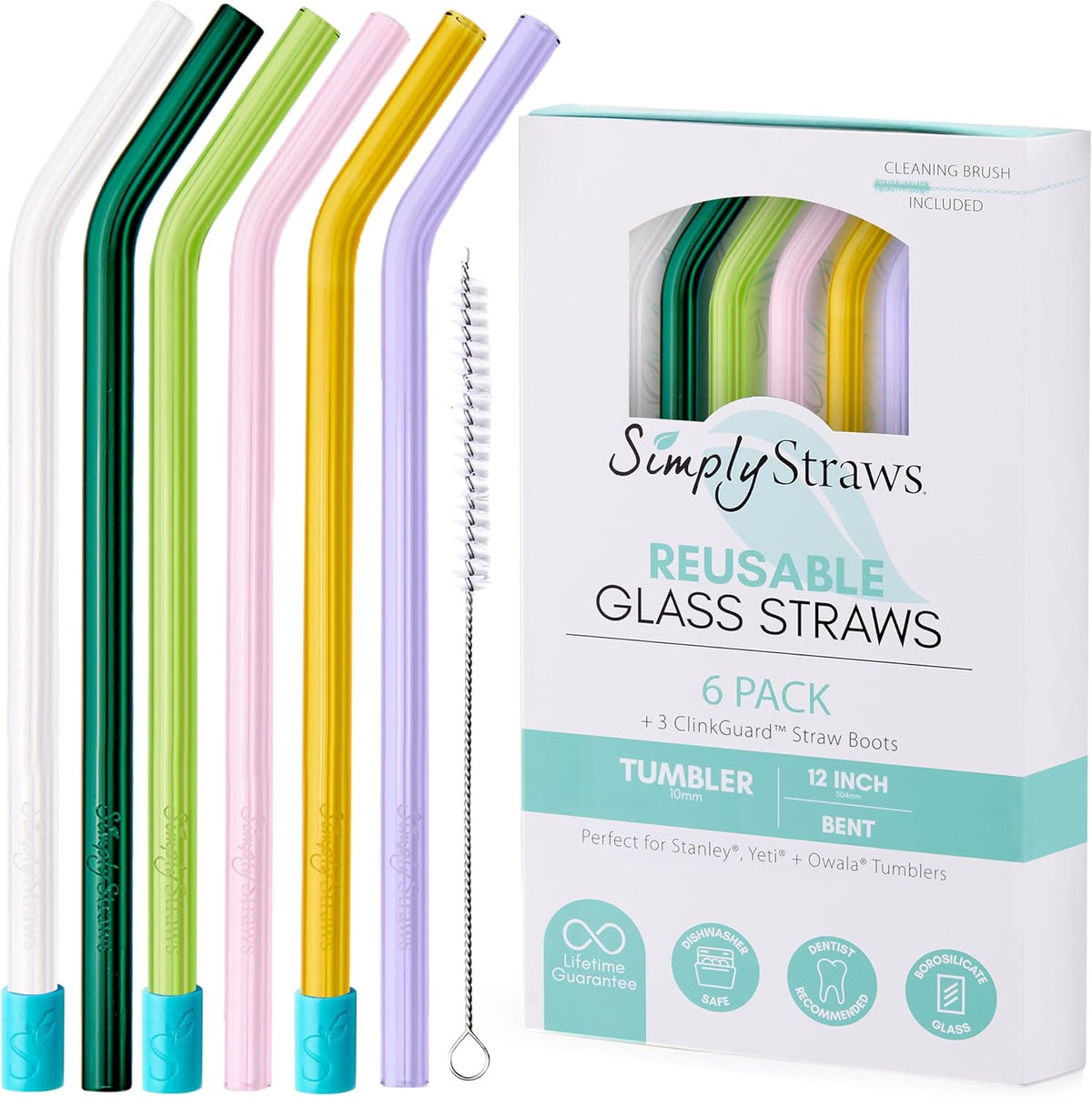 Simply Straws 12 Inch Glass Straws Bent (6-Pack) – Reusable Glass Straws for Stanley 40 Oz Tumbler, with Cleaning Brush – Durable, Dishwasher Safe, Hot & Cold Use, BPA-Free (Meadow)
