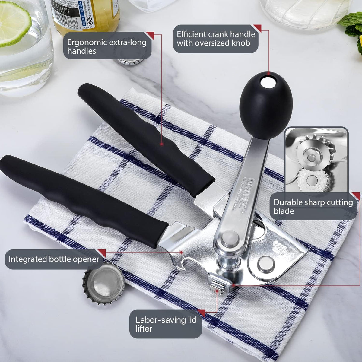Commercial Can Opener, UHIYEE Hand Crank Can Opener Manual Heavy Duty with Comfortable Extra-long Handles, Oversized Knob, Large Handheld Can Open Easy for Big Cans, Black