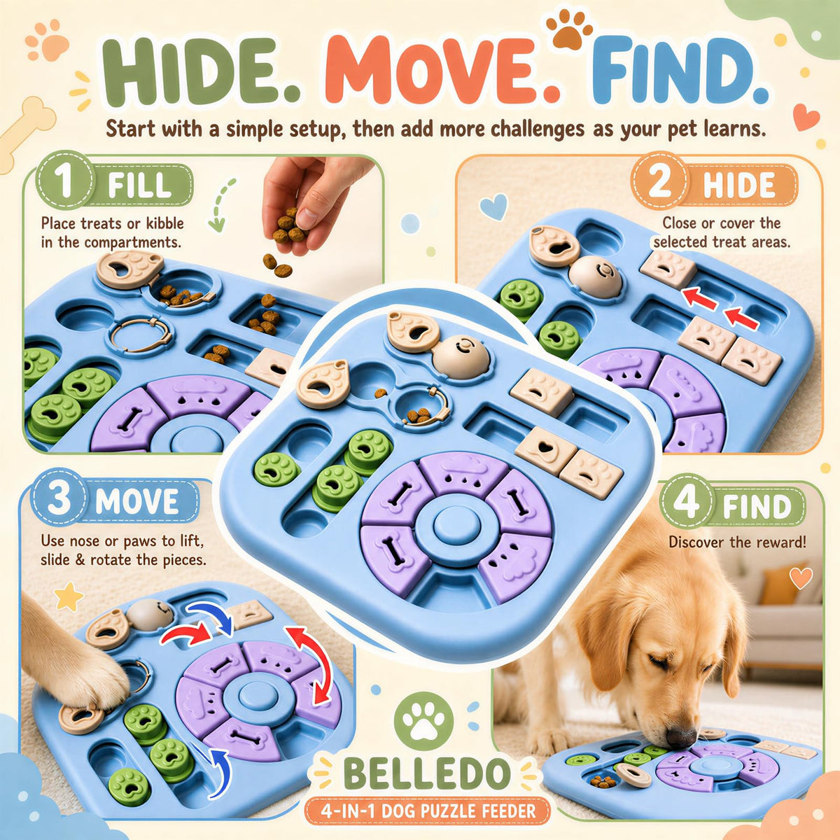 BELLEDO Interactive Dog Puzzle Toys for Smart Dogs - Mental Stimulation Puzzle Toys for Small & Medium Dogs, Treat Dispensing Dog Enrichment Toys for Beginner Dogs