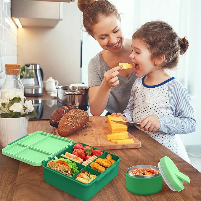 Bento Lunch Box with 8oz Soup Thermo, Kids Leakproof Lunch Food Containers with 4 Compartment, Kids Thermo Insulated Hot Food Jar for School, Trvael-Green