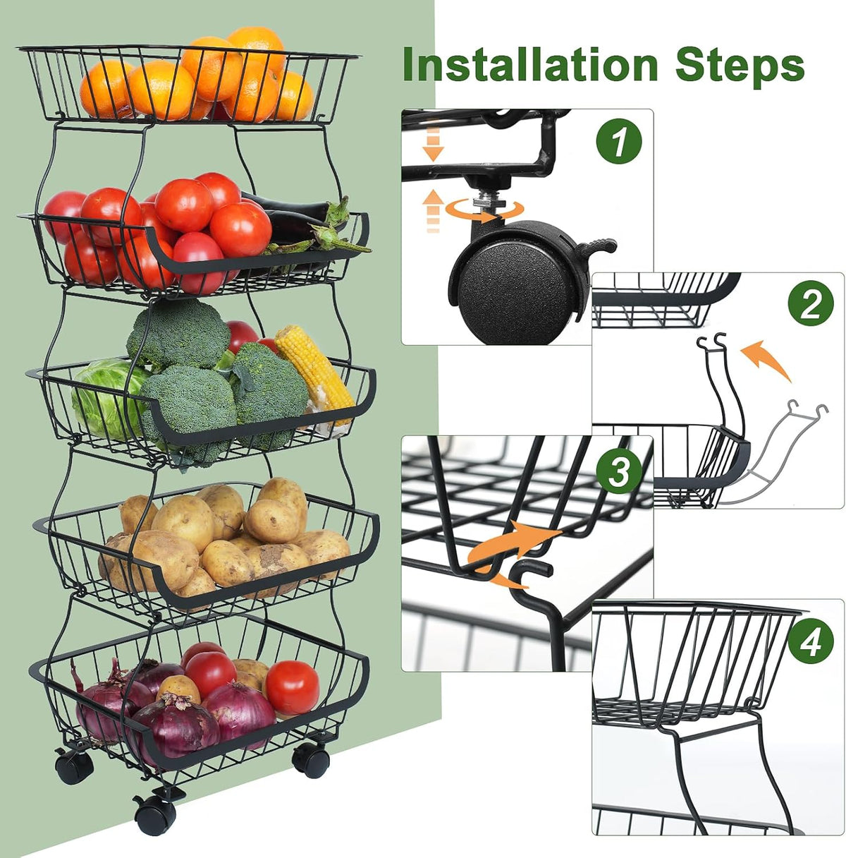 Fruit Vegetable Storage Basket, Kitchen Fruit Vegetable Storage Cart, 5 Tier Stackable Metal Wire Storage Baskets with Wheels, Produce Basket Organizer Bins for Pantry, Bathroom, Black