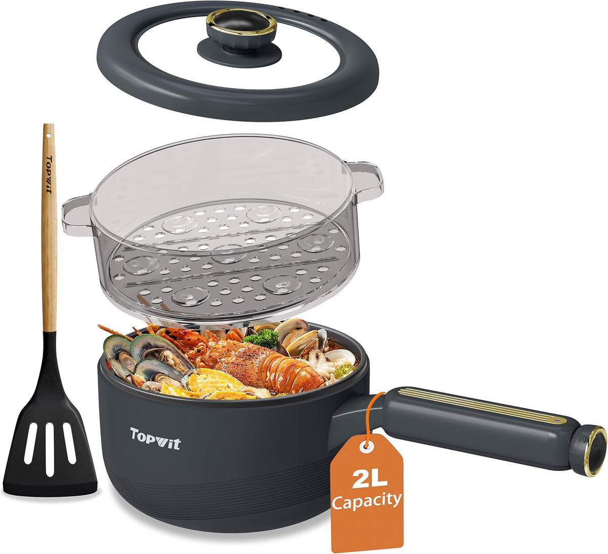 TOPWIT Hot Pot Electric with Steamer, 2L Multifunctional Electric Pot, Non-Stick Sauté Pan, Portable Pot for Steak, Fried Rice, Ramen, Soup with Dual Power Control (Silicone Spatula Included), Grey