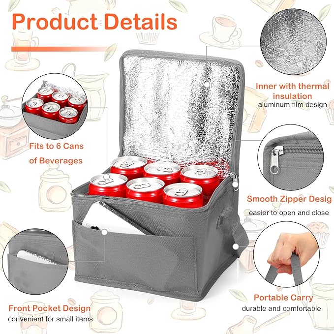 Nuogo 15 Pack Insulated Lunch Bags Bulk, Reusable Cooler Boxes, Leakproof Lunch Boxes Set, Waterproof Thermal Coolers, Insulated Beverage Bag for Women Men Work School Picnic Beach(Gray)