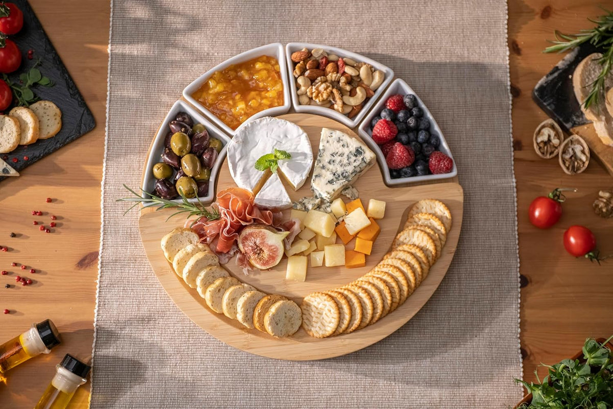 Charcuterie Cheese Board and Platter Set - Made from Bamboo Wood - US Patented 13 inch Cheese Cutting Board and Knife for Entertaining and Serving - 4 Knives - 4 Bowls