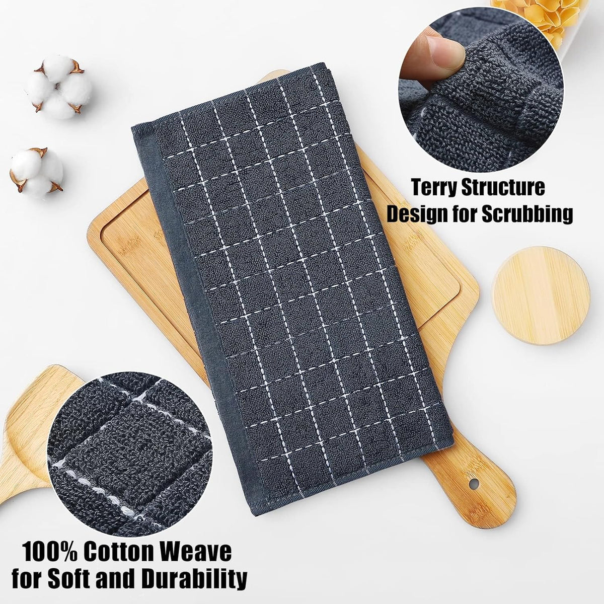 Homaxy 100% Cotton Terry Kitchen Dish Cloths, Ultra Soft and Absorbent Dish Towels for Kitchen, Suitable for Drying and Washing Dishes, 12 Pack, 12 x 12 Inches, Dark Grey