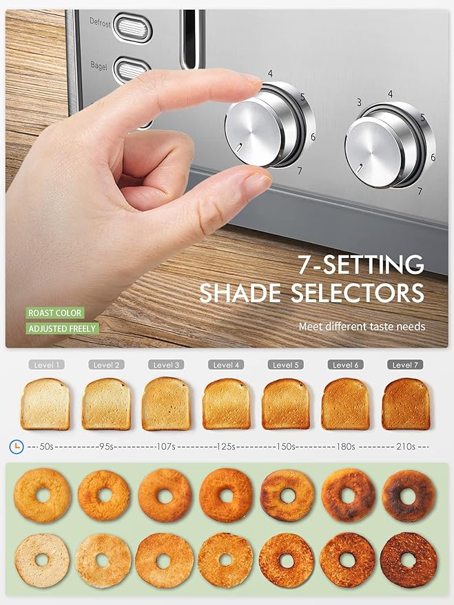 Toaster 4 Slice, Extra Wide Slots, Stainless Steel with High Lift Lever, Bagel and Muffin Function, Removal Crumb Tray, 7-Shade Settings with Warming Rack, Silver, Yabano