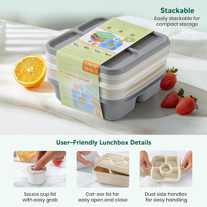 QQKO Bento Snack Box Containers for Adults Kids, Meal Prep Containers Reusuable Bento Lunch Box, Lunchable Food Storage Containers with Lids and Sauce Cups, White Brown