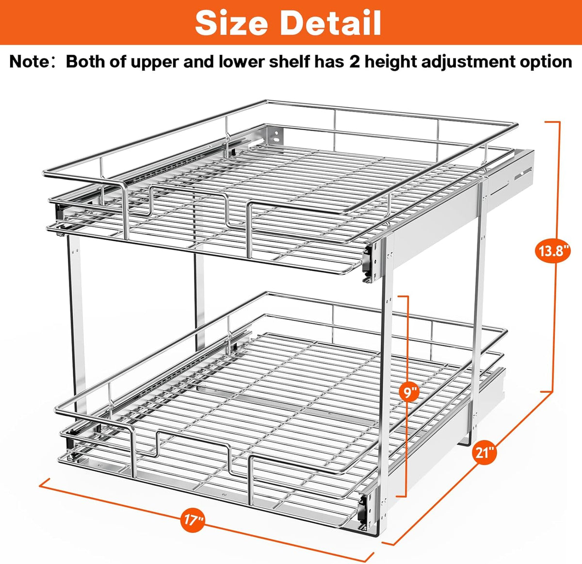 ROOMTEC Individual Pull Out Cabinet Organizer (17" W x 21" D), 2 Tier Spice Rack Organizer for Cabinet, Slide Out Drawer Pantry Shelf Organization and Storage for Kitchen Bathroom