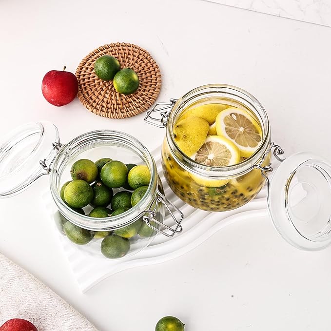 Liuruiyu 16oz - 6 Pack Round Glass Jars with Airtight Lid, Wide Mouth Mason Jars with Clamp Lids, Air Tight Glass Canisters, Food Storage Containers for Cereal, Pasta, Beans, Sugar, Coffee, Spice