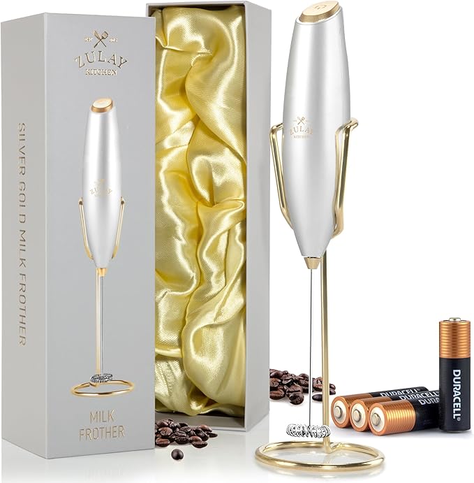 Zulay Kitchen Executive Series Luxury Gift Milk Frother with 4 Duracell Batteries – Handheld Electric Foam Maker for Coffee, Lattes & Hot Chocolate – Deluxe Finish, Ultimate Gift for Coffee Lovers
