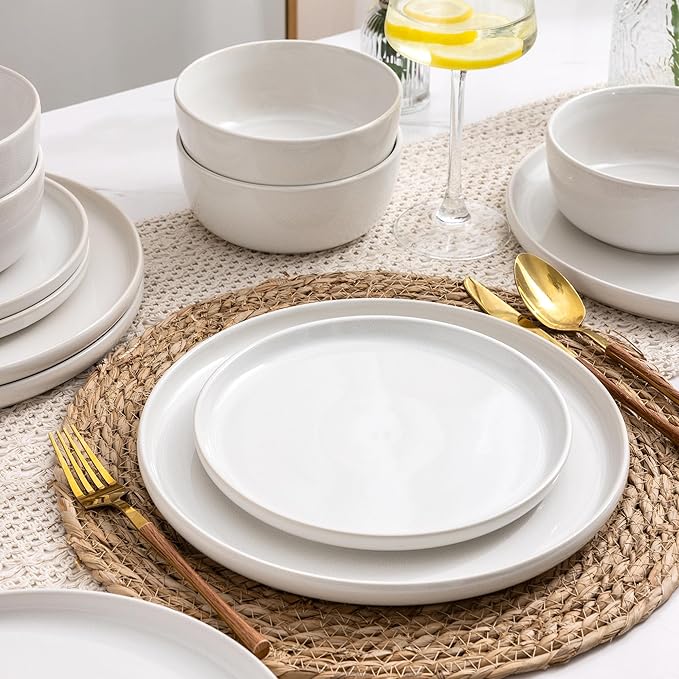 AmorArc Stoneware Dinnerware Sets,Round Reactive Ceramic Plates and Bowls Set,Highly Scrath Resistant | Dishwasher & Microwave Safe Dishes Set,Service for 4 (12pc)-White