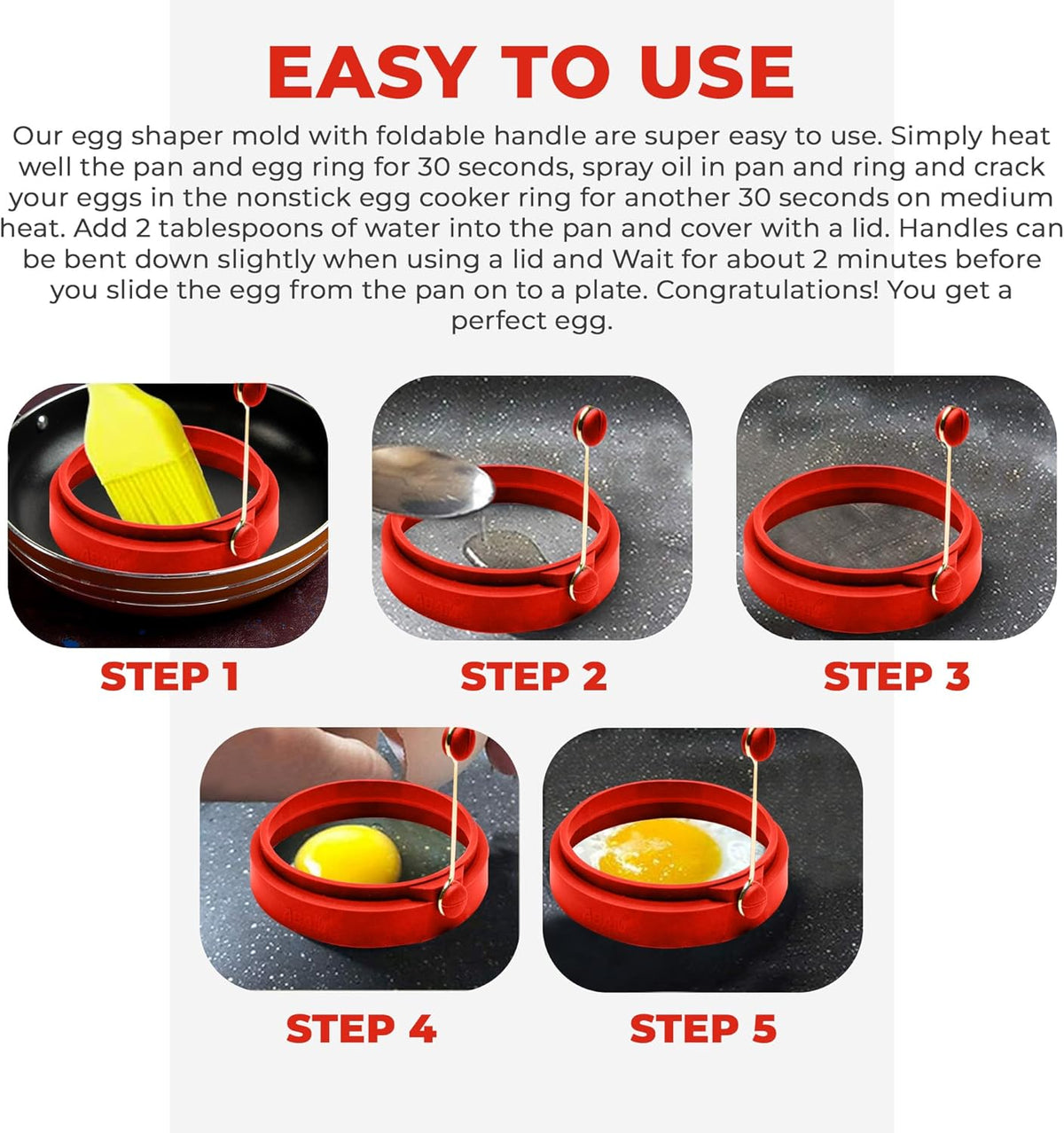 Professional 4 Inch Silicone Egg Ring, Pancake Mold Egg Mold for Breakfast Sandwiches, Omelets and More, Nonstick Ring, Round Blue (Pack of 4), Free e-Book by Abam (Red)