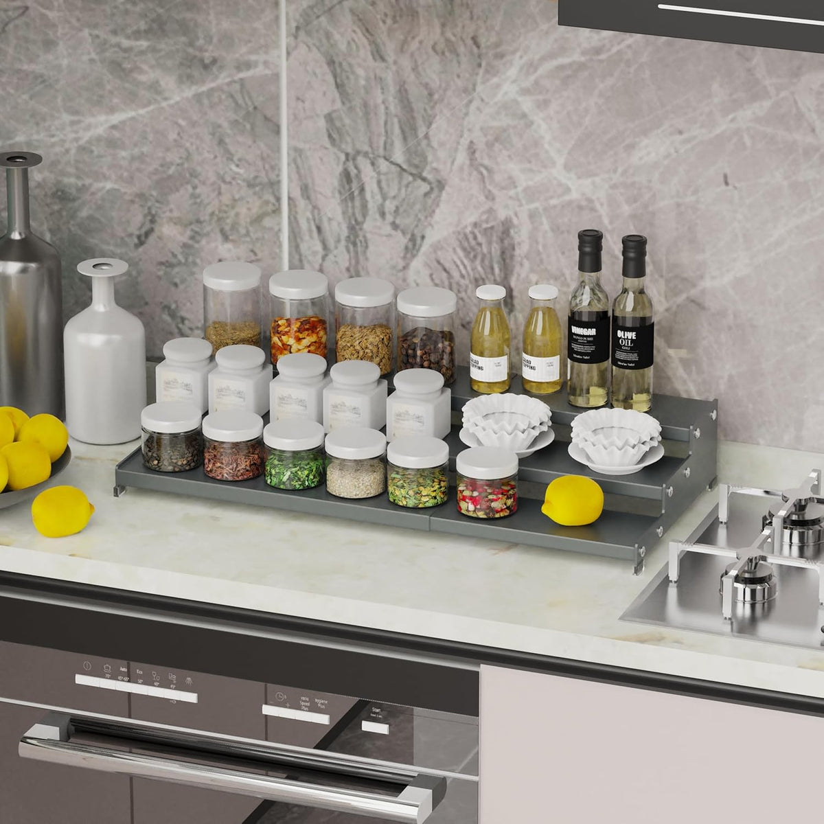 Expandable Spice Rack Storage organizer with 3-Tier step shelf cabinet,seasoning rack organizion.Great for Kitchen countertop shelves,Bathroom,dressing table,Cupboard,Pantry and more(2packs/Gun-gray)