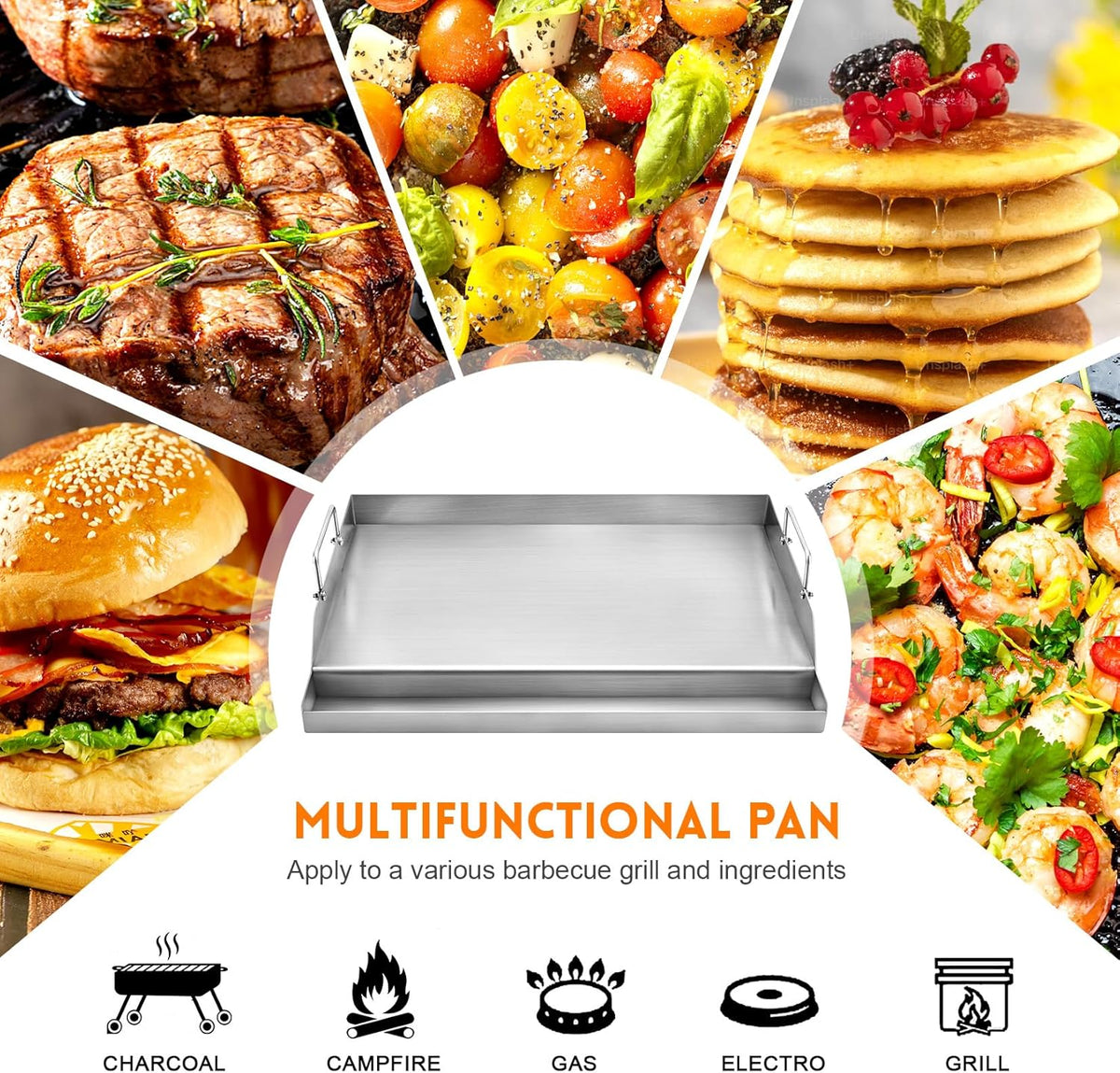 GGC Stainless Steel Griddle for Gas Grills, Universal Flat Top Griddle for Gas Stoves, Camping Stoves, 18" x 12.5" Nonstick Cooking Griddles for Charcoal, Tailgating, Parties