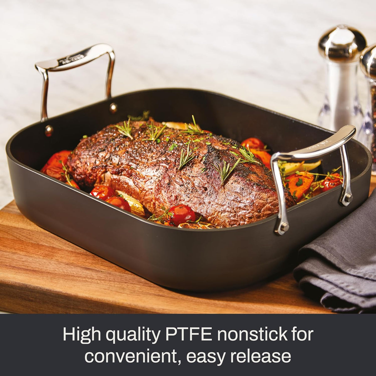 All-Clad Essentials Hard Anodized Nonstick Roaster with Rack 11x14 Inch Oven Broiler Safe 500F Roaster Pan, Pots and Pans, Cookware Black