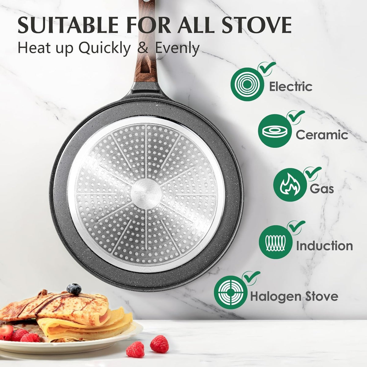 SENSARTE Nonstick Crepe Pan, Swiss Granite Coating Dosa Pan Pancake Flat Skillet Tawa Griddle 12-Inch with Stay-Cool Handle, Induction Compatible