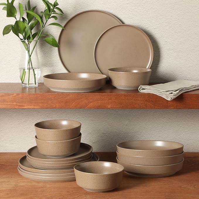 Gibson Elite Overbrook 16-Piece Pottery Clay Stoneware Dinnerware Set – Terraccotta Brown Reactive Glaze, Stackable Plates and Bowls w/Pasta Bowl, Service for 4 – Microwave & Dishwasher Safe