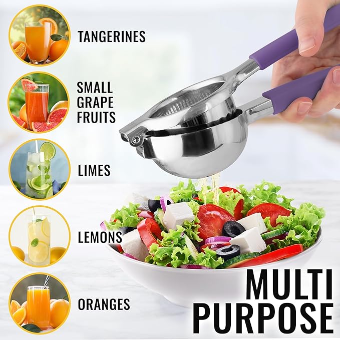 Zulay Kitchen Lemon Squeezer Stainless Steel with Premium Heavy Duty Solid Metal Squeezer Bowl and Food Grade Silicone Handles - Large Manual Citrus Press Juicer and SS Lime Squeezer (Purple)