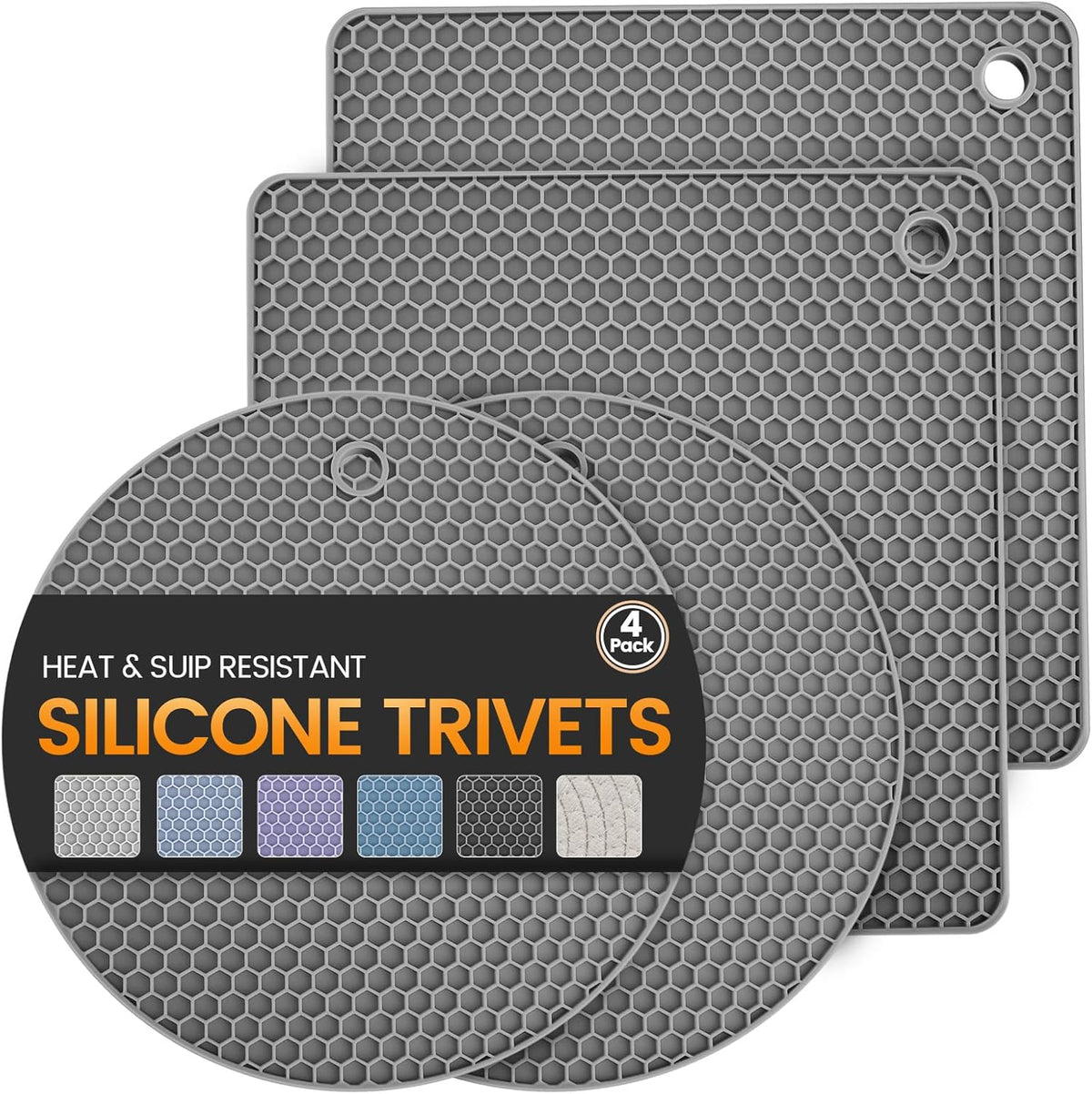 Silicone Trivet Mats 4 Heat Resistant Pot Holders Multipurpose Non-Slip Hot Pads for Kitchen Potholders, Drying mat, Jar Opener, Spoon Holder, Coaster.(Dark Grey)