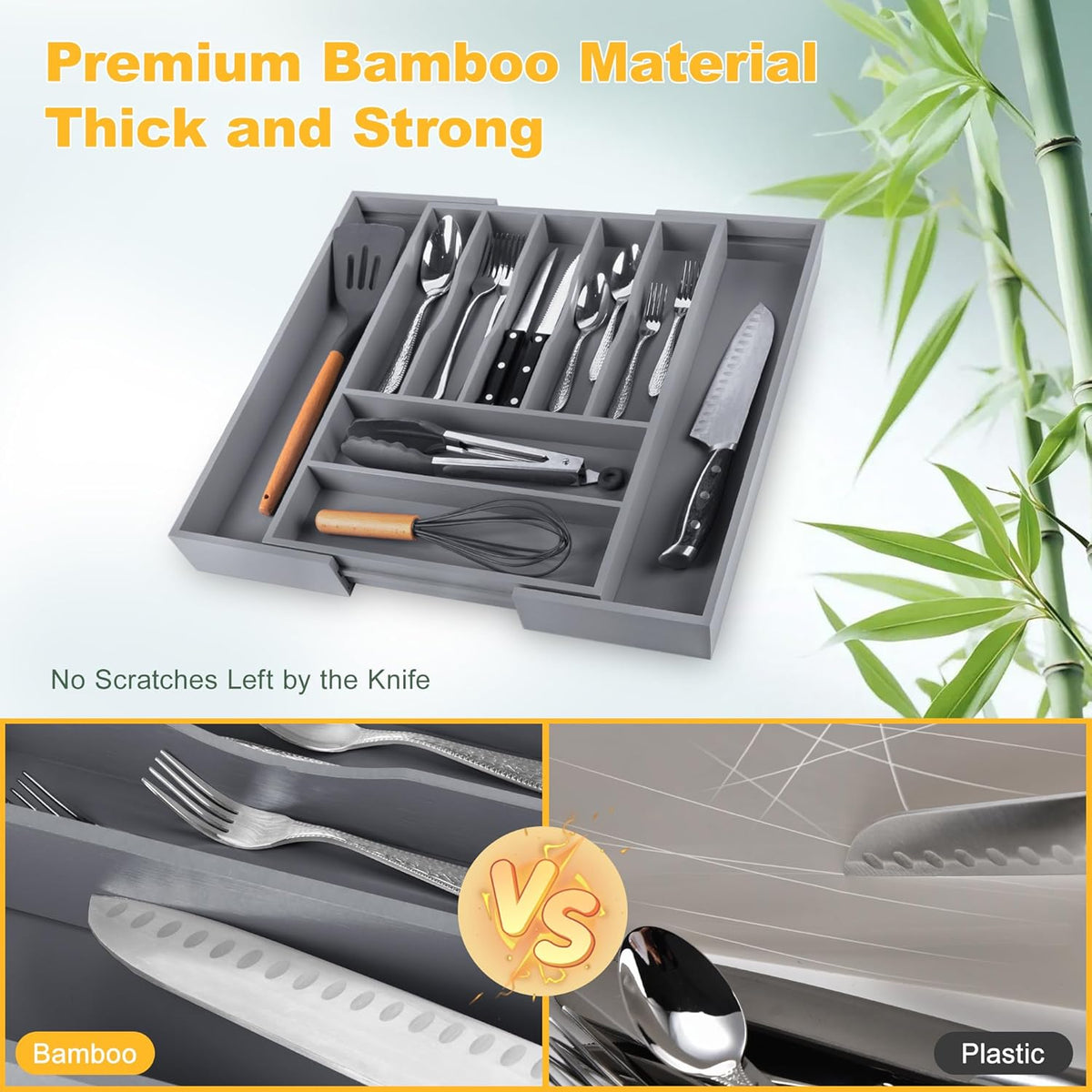 Large Premium Bamboo Silverware Organizer - Expandable Drawer Organizer & Utensil Organizer - 17"x19.7" Cutlery Tray with Dividers for Kitchen Utensils and Flatware (7-9 Slots) (Grey)