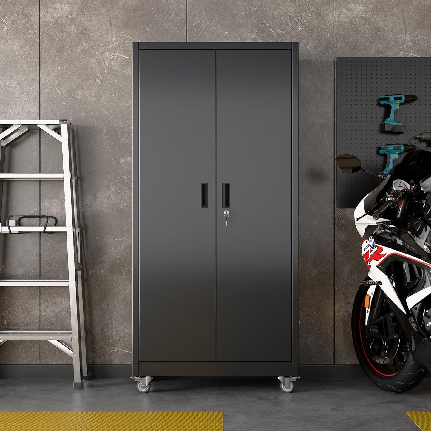 71" H×32" W×16" D Garage Storage Cabinet with Wheels, Locking Metal Storage Cabinet with 5 Adjustable Shelves, 4 Hooks and Pegboard for Garage, Home Office, Kitchen, Black, Assembly Required