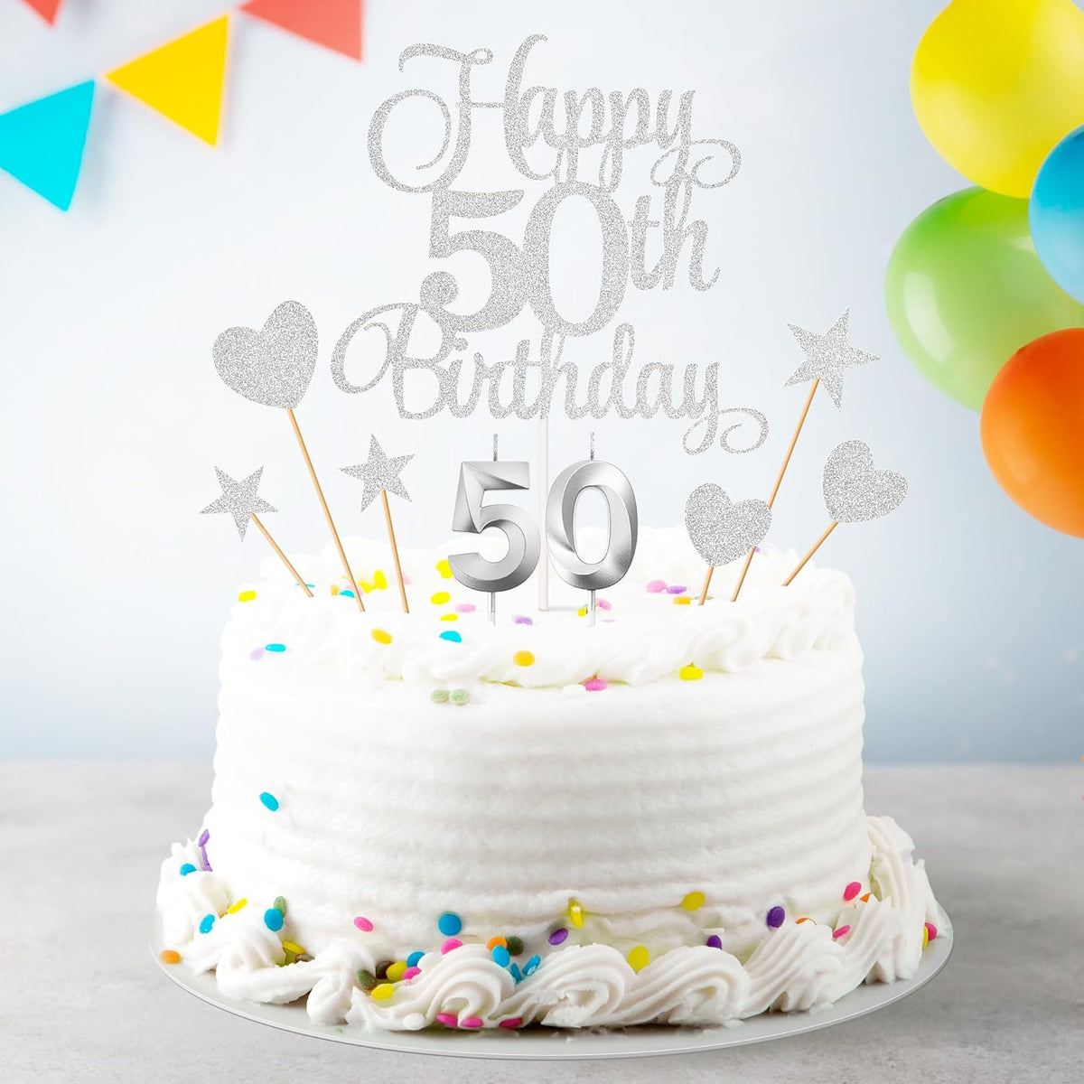 50th Birthday Cake Decorations, 50th Birthday Candles Cake Numeral Candles and Glitter Happy 50th Birthday Cake Toppers Set for Birthday Party Supplies (Silver)