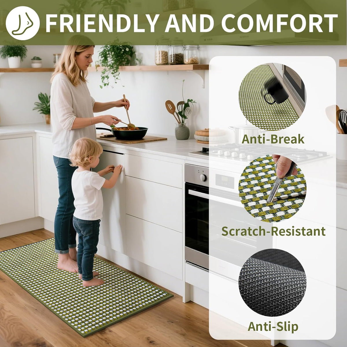 Large Kitchen Runner Rugs Long Kitchen Mat Non Slip Washable, Super Absorbent Soft Chenille Braided Kitchen Mats for Floor, Rubber Backing Kitchen Sink Standing Mat, Easy Clean, Green 36"x71"