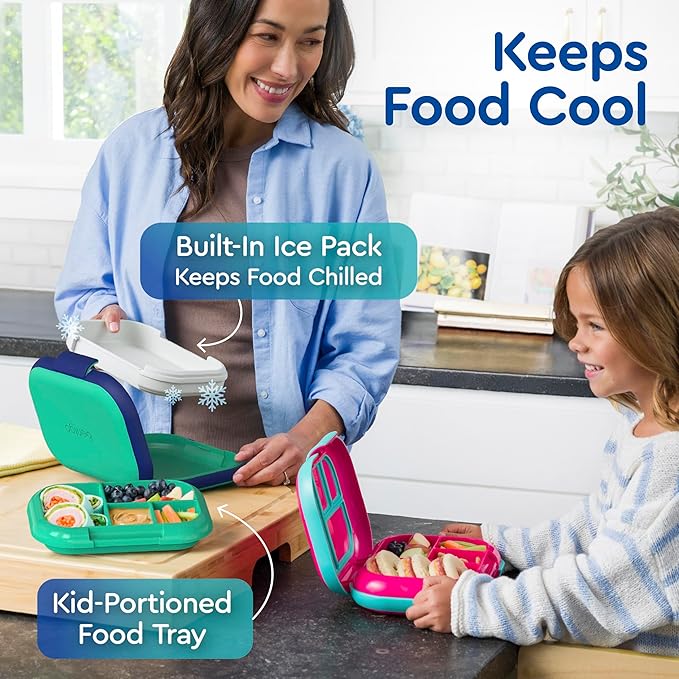 Bentgo Chill Kids Leak-Proof Lunch Box - 4-Compartment Bento Box with Built-In Ice Pack, 3.3 Cup Capacity, PFAS & BPA-Free, Microwave & Dishwasher Safe, Ideal Size for Ages 3 to 7 (Green/Navy)