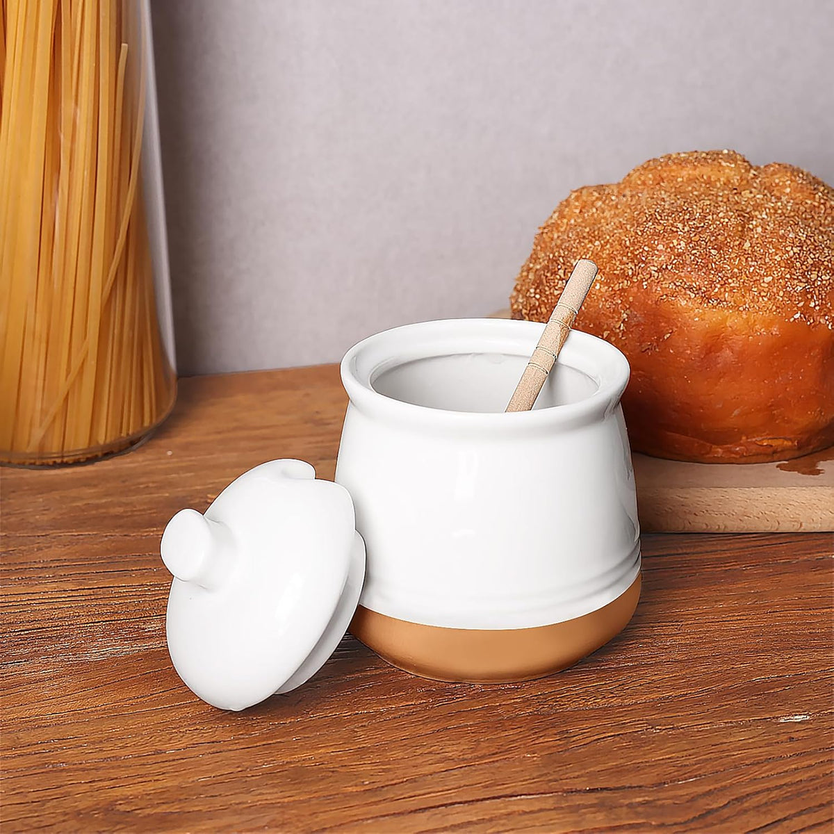 LEETOYI Honey jar with Lid and Wooden Dipper, 12 oz Ceramic Honey Container Dispenser for Home, Microwave & Dishwasher Safe, White