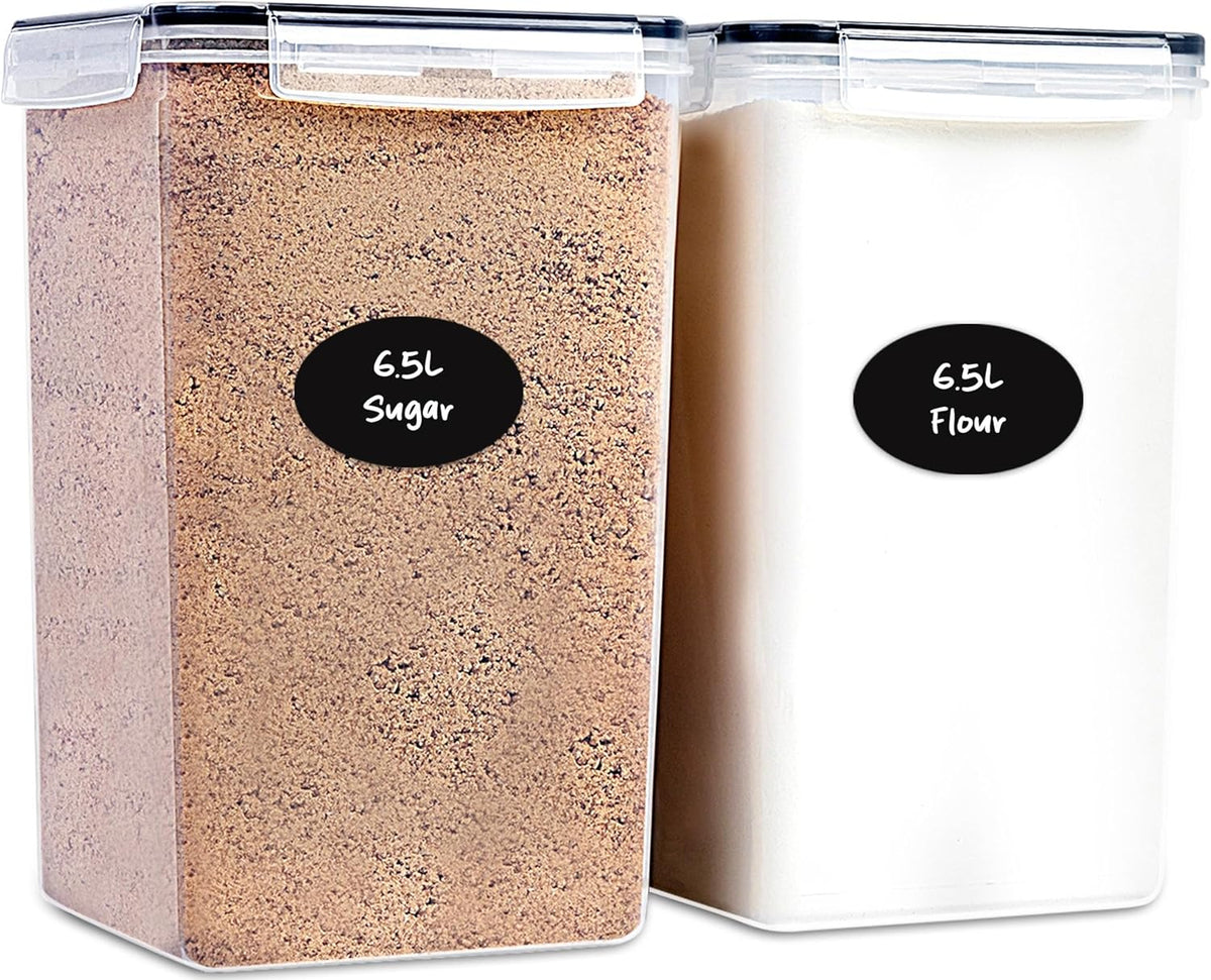 Extra Large Flour and Sugar Storage Containers 6.5L/220 Fl. oz; Set of 2 Plastic Bulk Airtight Food Storage Rice Containers With Lids - Kitchen Pantry Organizer and Storage Canisters, Marker & Labels