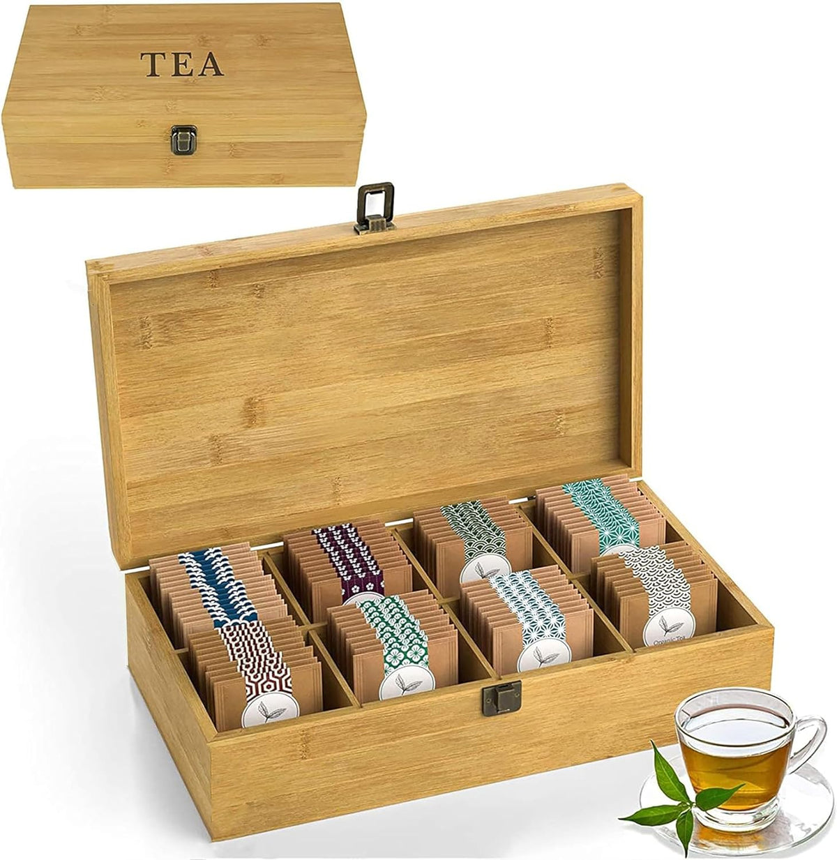 Tea Organizer Box Food Safe Chemical Free Bamboo Wood Storage Chest Big, Tall, Adjustable Cubbies (8-Slot 14.3" x 8.1" x 4.2" with TEA print design)