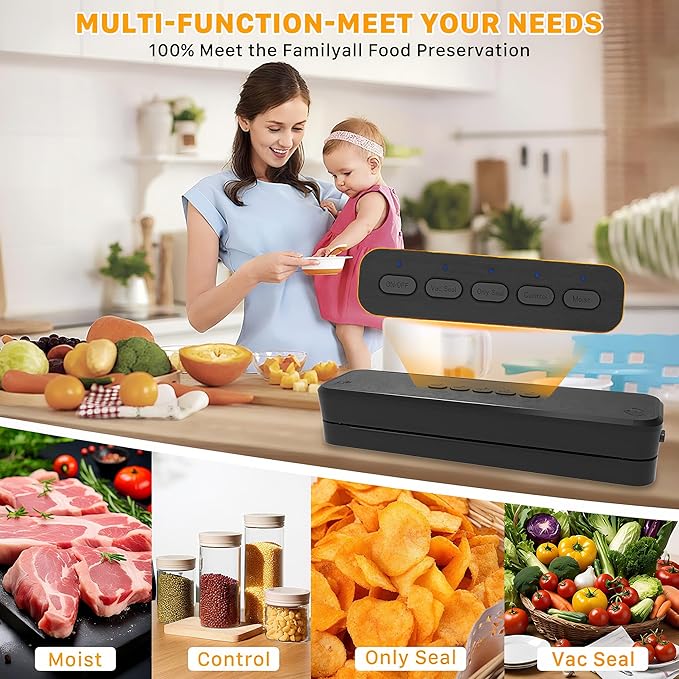 Vacuum Sealer Machine, Fast-Compact/Multi-Functional Vacuum Sealer for Food with Starter Kites, Dry/Moist Mode & External Vacuum System, Built-in Cutter & 10 Vacuum Bags