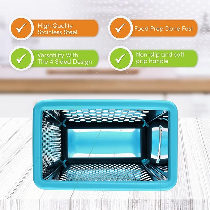 Spring Chef Professional 10" Parmesan Cheese Grater With Container, Stainless Steel & Soft Grip Handle, 4 Sided Kitchen Cheese Shredder Handheld Box Grater for Vegetables, Carrot, Ginger - Aqua Sky