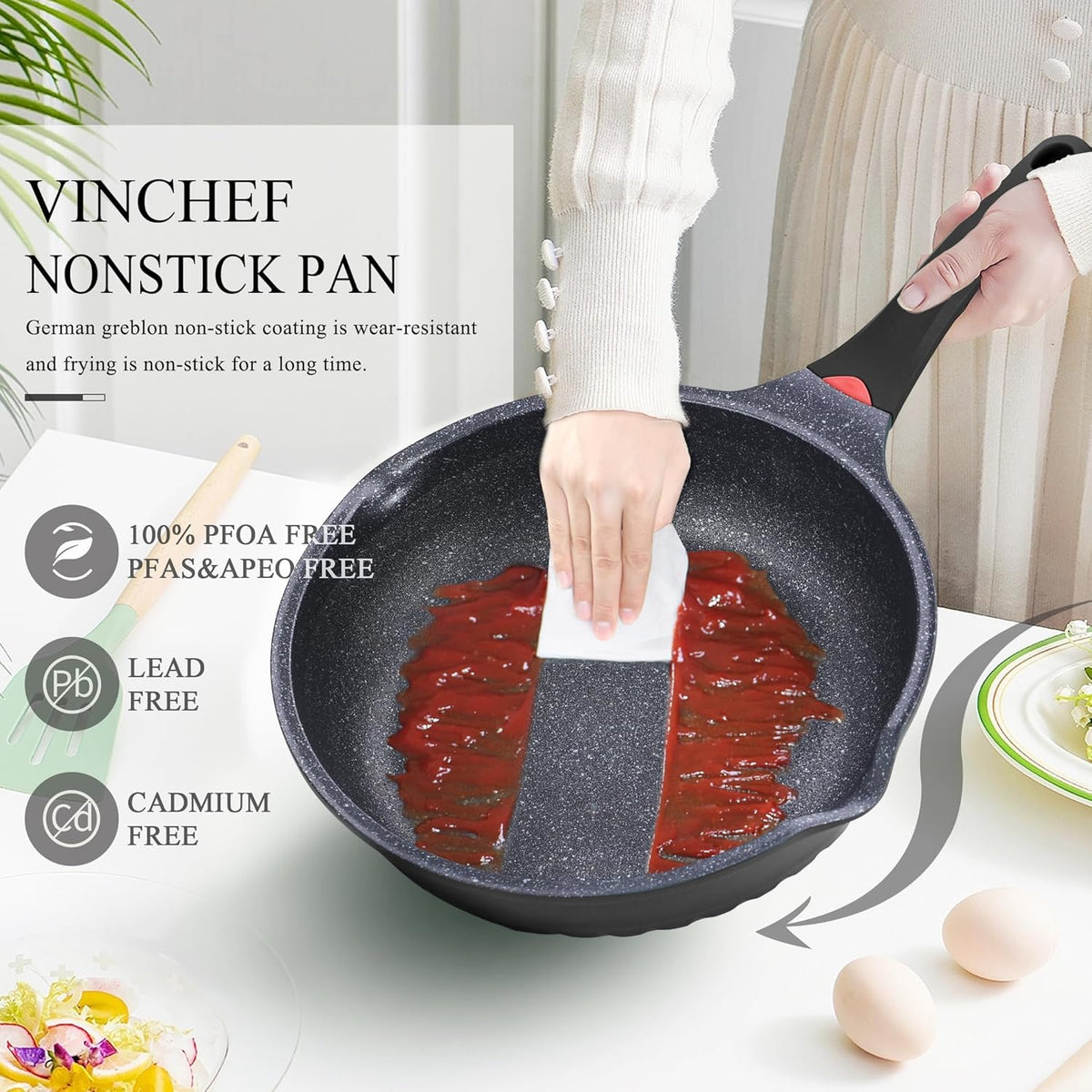 Vinchef New Handle Update 11In/5Qt Aluminum Nonstick Deep Frying Pan with Lid and Heat Indicator, Anti Scratch and Anti Stain Deep Saute Pan, Induction Compatible