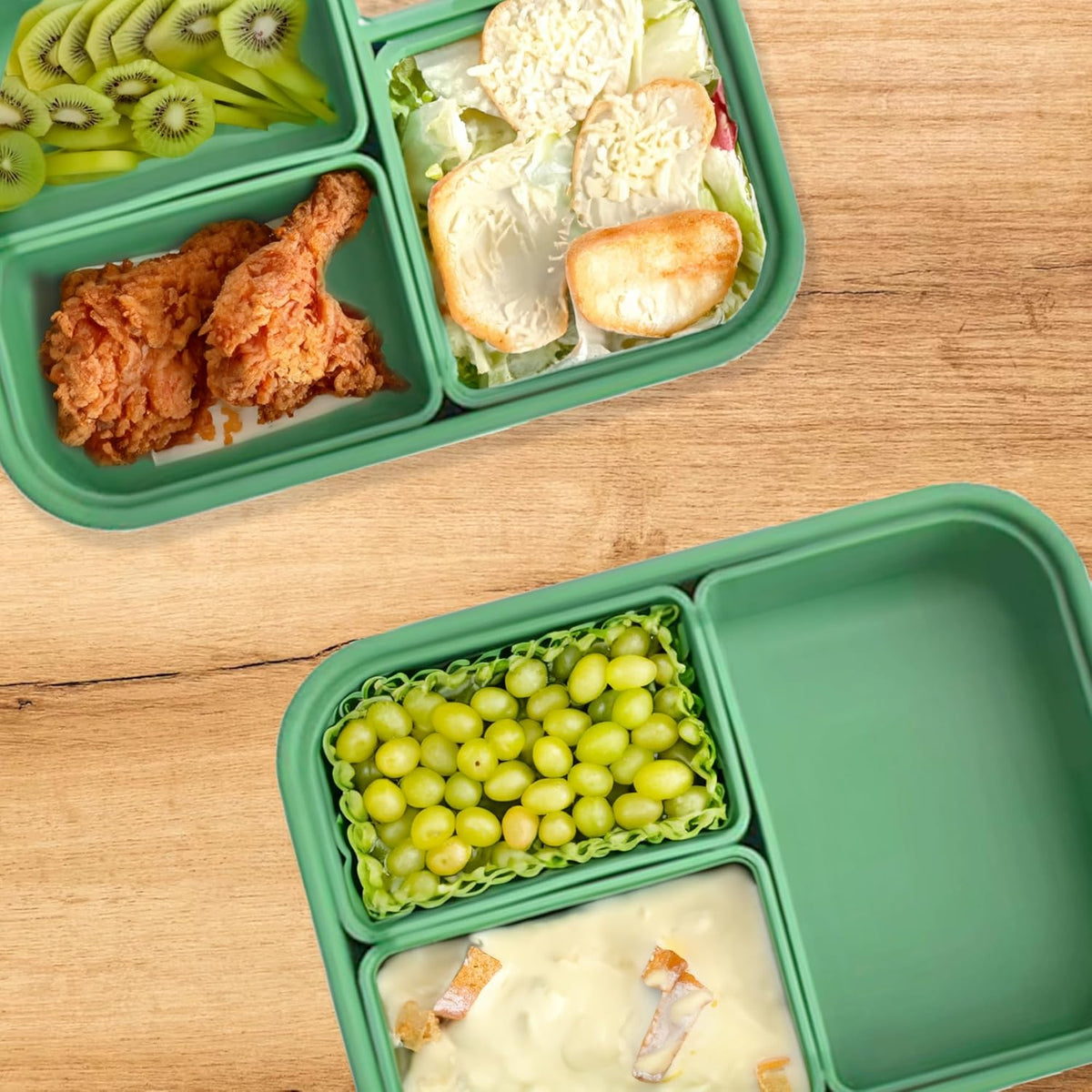 Platinum Silicone Bento Lunch Box Set of 2 – 3 Compartments, Leakproof, Versatile, Durable, Microwave & Freezer Safe, Meal Prep Container, Food Storage for All Ages (Watermelon Green)