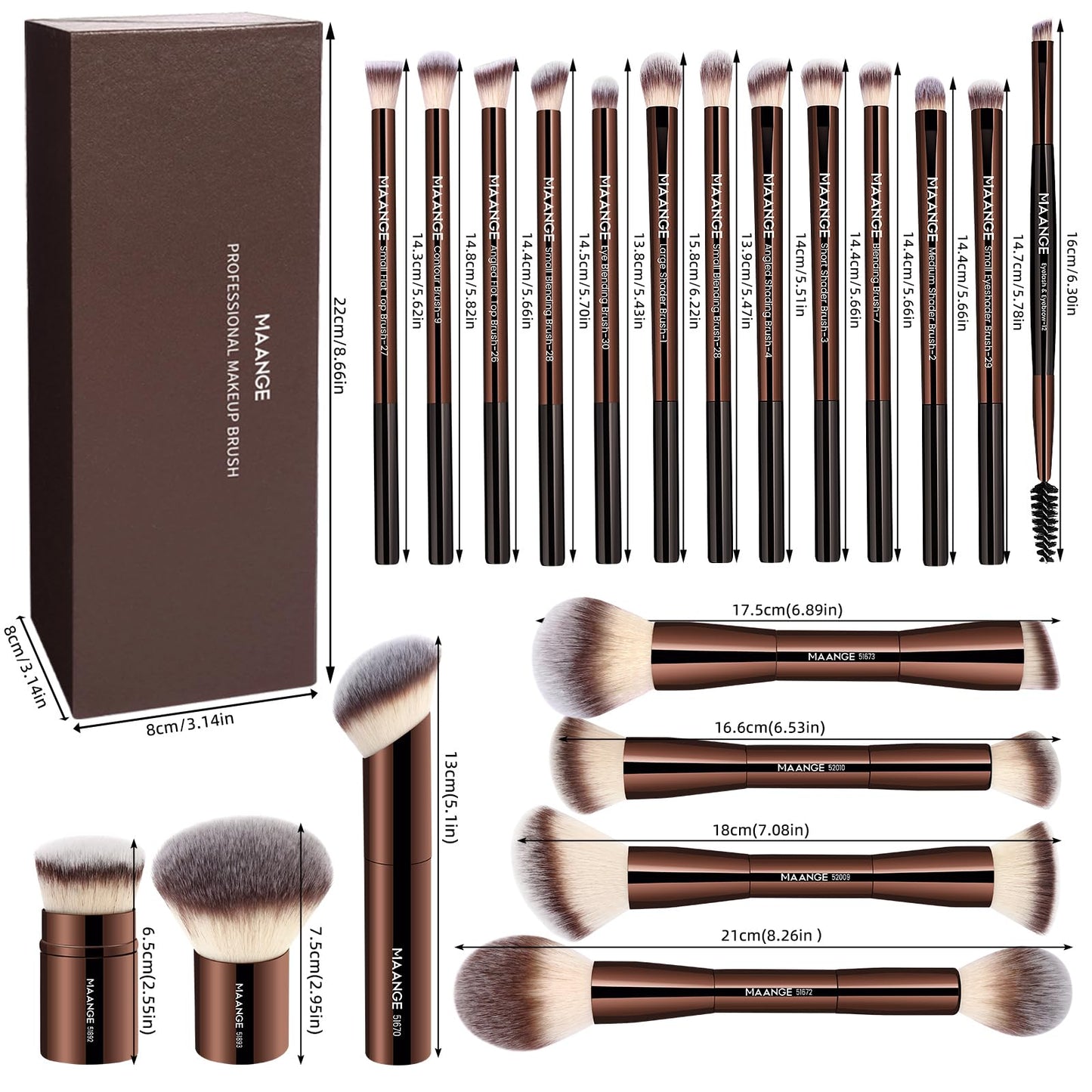 MAANGE 20 Pcs Makeup Brushes with Gift Box, Double-End Multi-functional Makeup Brushes for Blending Liquid Powder Concealer Cream Blush Buffe,CoffeeBrown