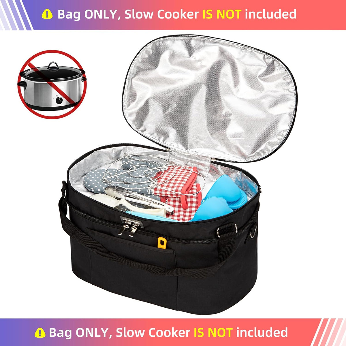 HOMEST Slow Cooker Bag for Crock-Pot 6-8 Quart, Insulated Travel Carrier with Easy to Clean Lining, Carry Case with Top Zip Compartment and Utensil Pocket