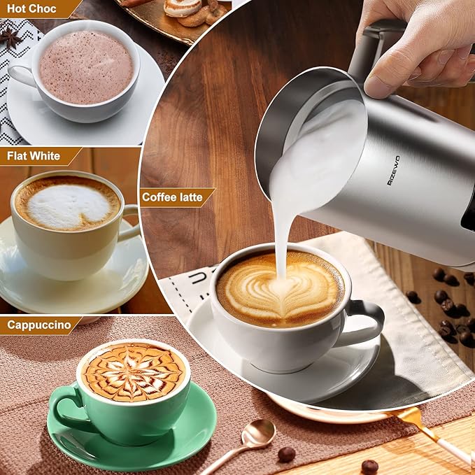 BIZEWO Milk Frother Electric, Warm and Cold Milk Steamer, 4 IN 1 Automatic Milk Warmer Stainless Steel with Touch Screen for Coffee, Latte, Macchiato, Cappuccino, Hot Chocolate
