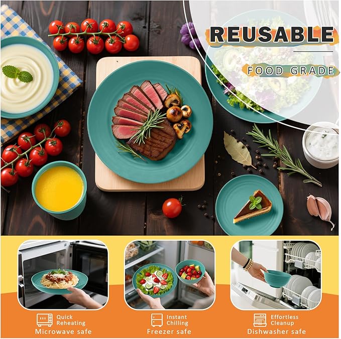 Wheat Straw Dinnerware Sets, 32 PCS Dishes Set for 8, Unbreakable Plates and Bowls Sets, Microwave Safe Dinnerware Set for Kitchen Outdoor Camping RV - Green